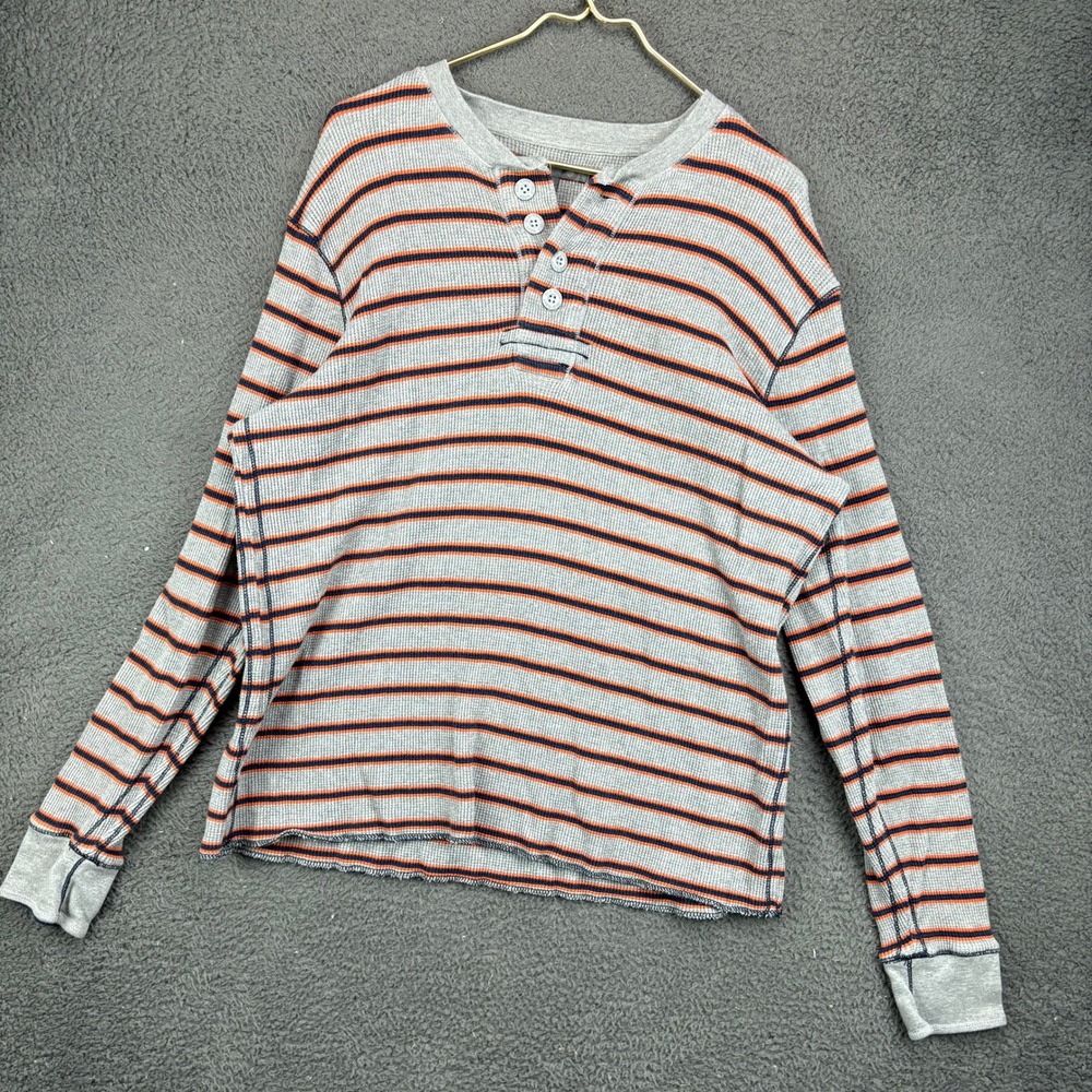 Old Navy Mens XL Gray Orange Striped Waffle Knit Thermal Long Sleeve Henley